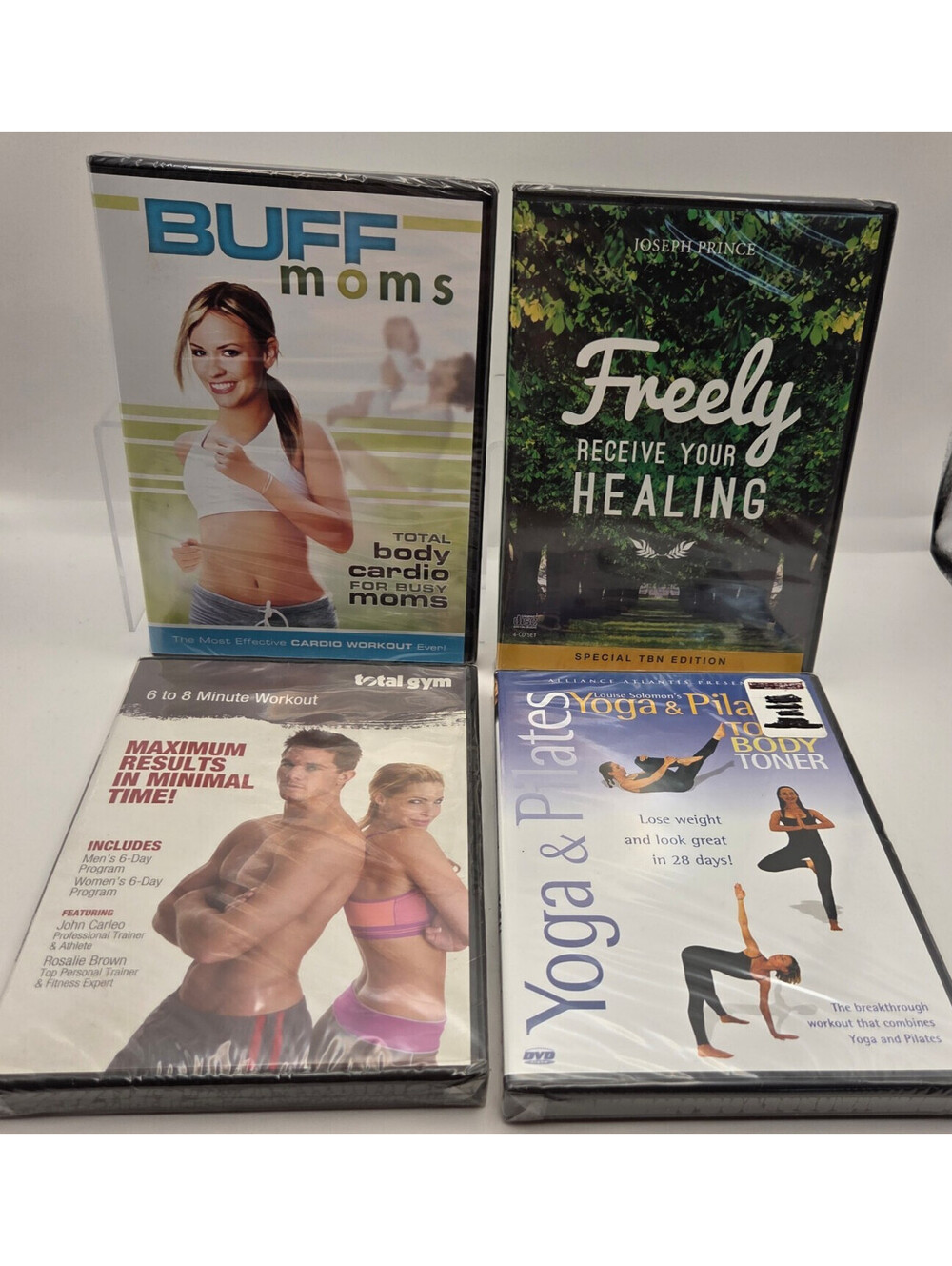 Sealed Fitness DVD Bundle Yoga Pilates Buff Moms Total Gym Workout Set 4 Disc Lo
